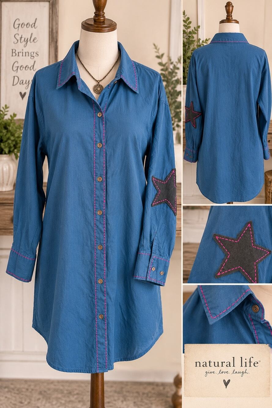 Natural Life Lesli Blue Shirt Dress XS/S Star Elbow Patch Pink Stitching